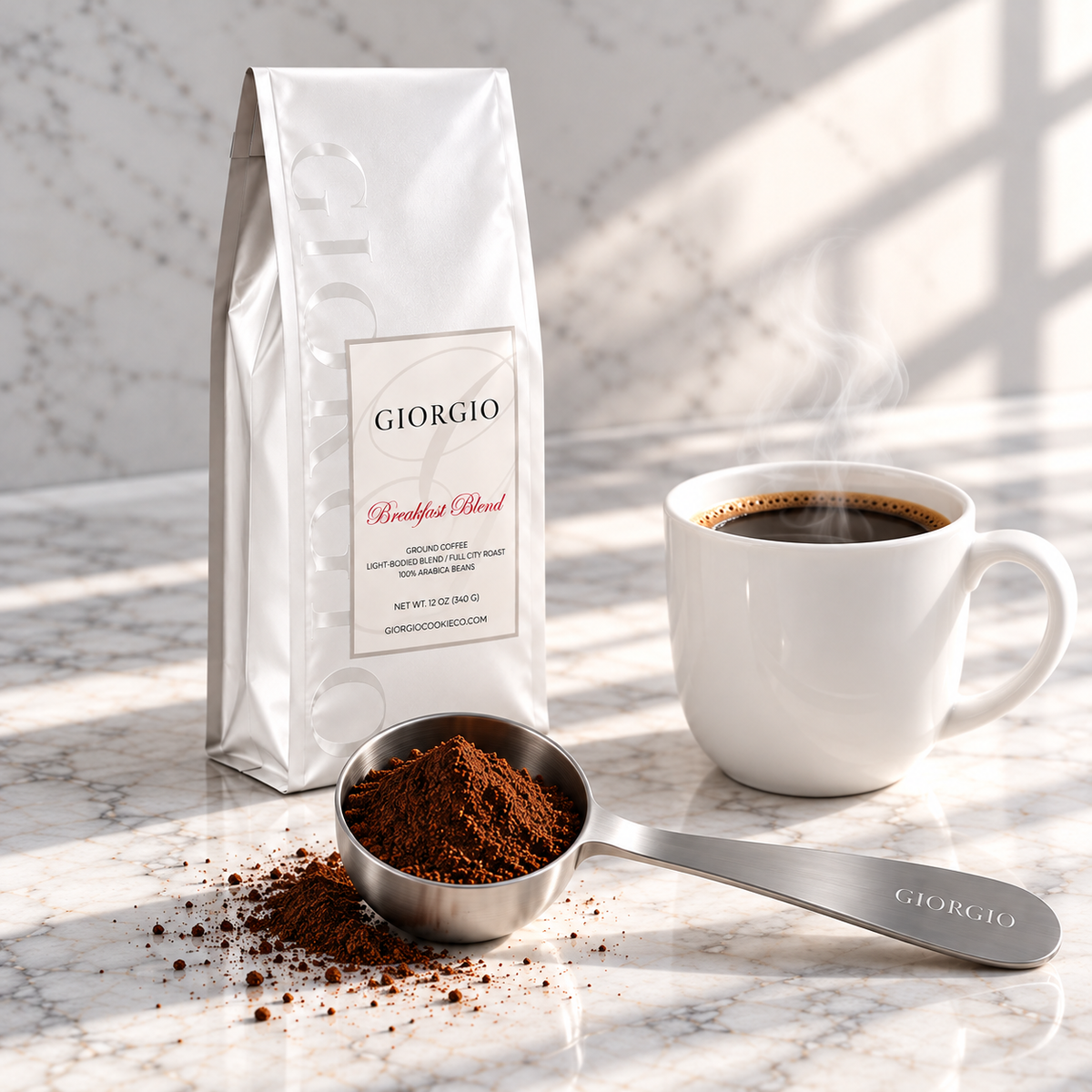 Giorgio coffee bag, cup of coffee and coffee scoop