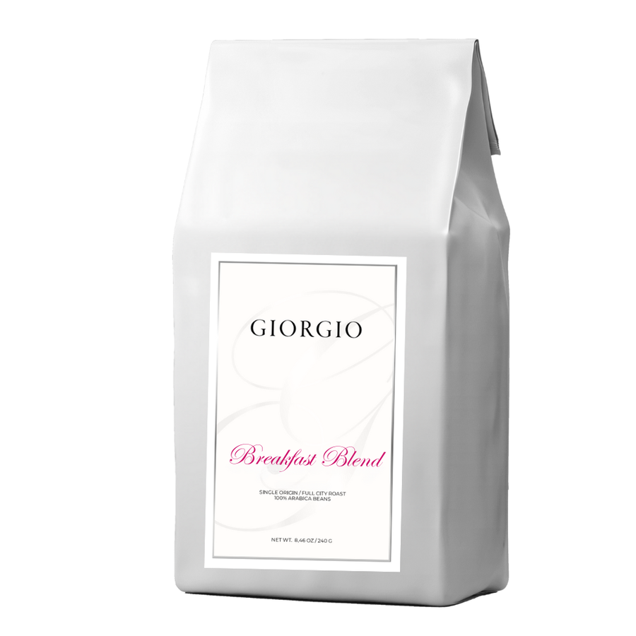 Giorgio Pumpkin Spice, Breakfast Blend and Highlander Grog coffee bags with white pumpkins