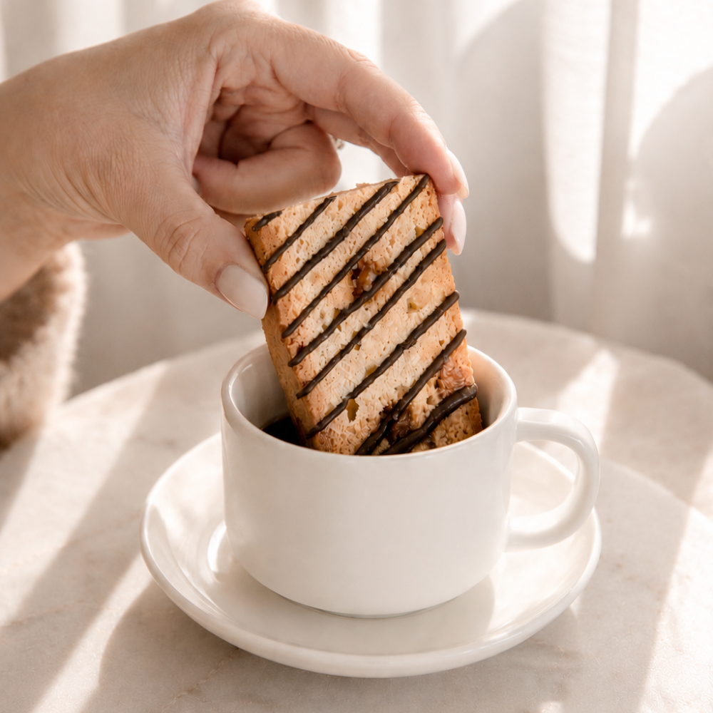 A Giorgio biscotti dunked into a cup of coffee