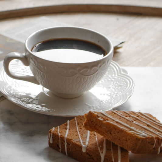 Pumpkin spice coffee with pumpkin biscotti