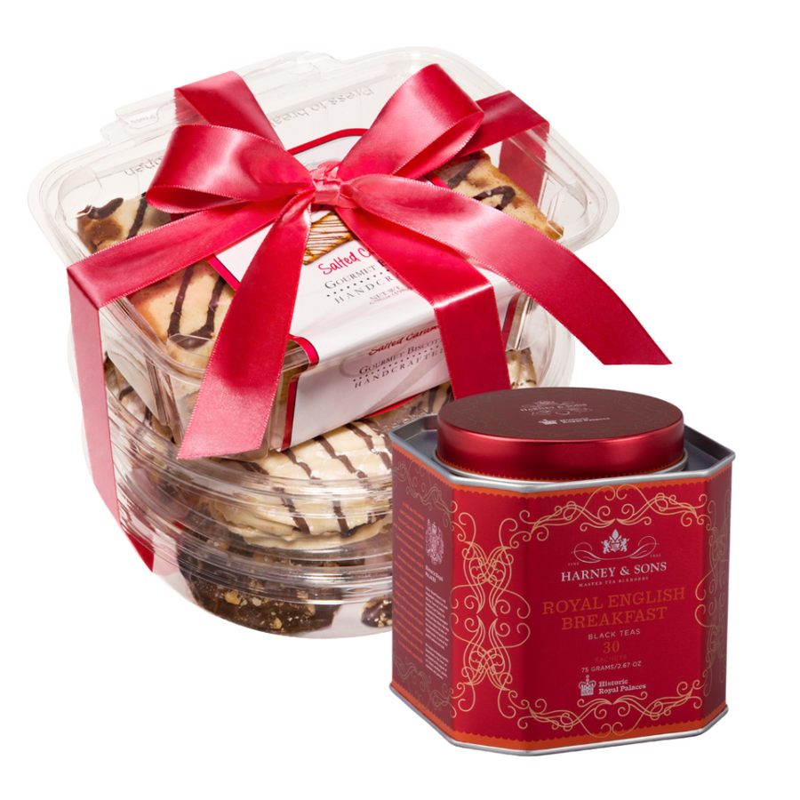 Tea + Biscotti Gift Set with a raspberry ribbon: Harney & Sons Royal English Breakfast tea tin with Giorgio Salted Caramel biscotti and cookies