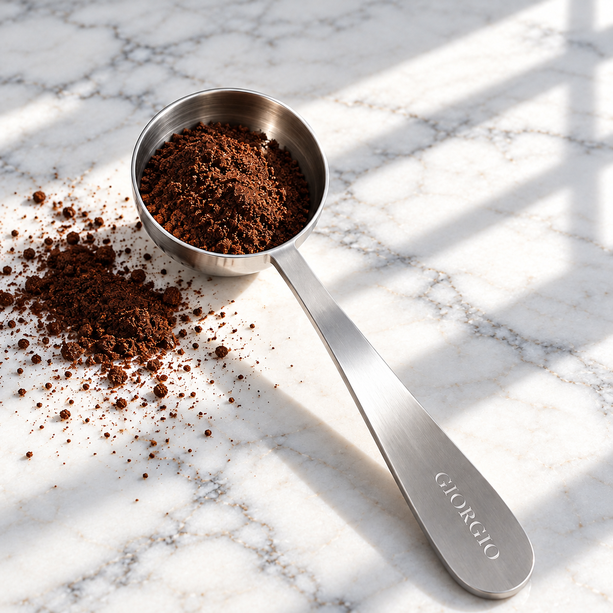 Giorgio coffee scoop in sunlight on marble